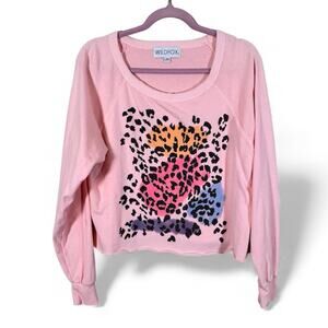 Wildfox Pink Leopard Print Boat Neck Sweater Womens M Casual Cozy Pullover